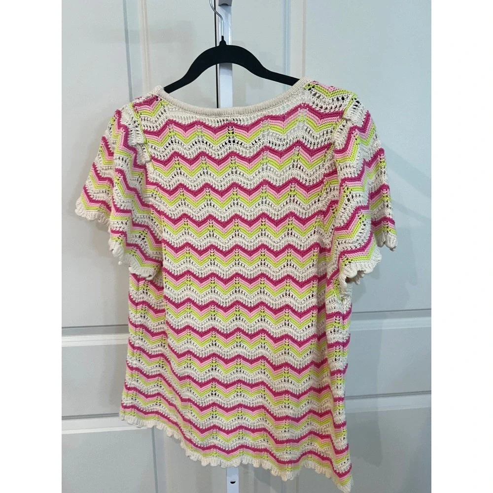 Torrid Pink Lime Green Chevron Crochet Cotton Short Sleeve Cardigan Sweater 1 - Picture 3 of 7